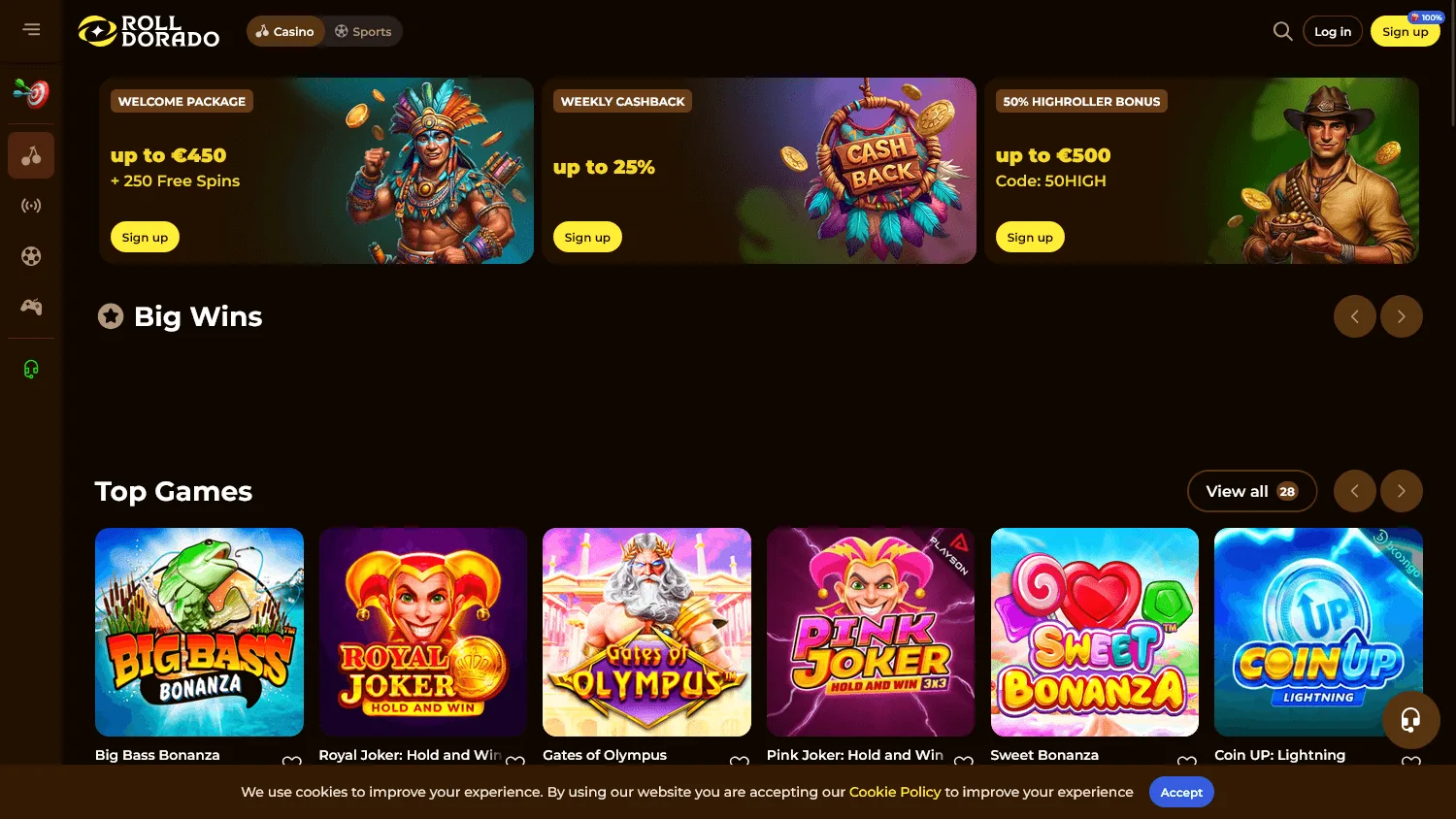 Rolldorado Casino home screen on desktop